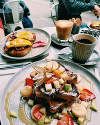 High angle view of breakfast served on table