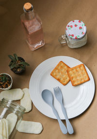 High angle view of food served on table