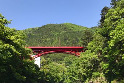 Red bridge in forest against clear sky