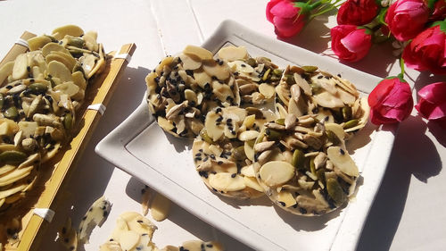 High angle view of chopped vegetables on table