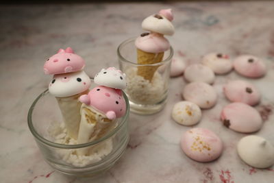 High angle view of ice cream in glass on table