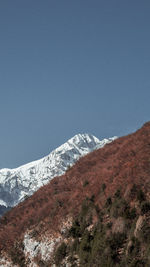 Scenic view of snowcapped mountains against clear blue sky
