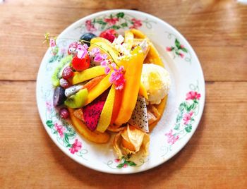 High angle view of breakfast served on table