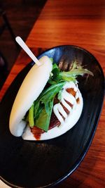 High angle view of food in plate on table