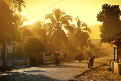 People walking on footpath by palm trees against sky in city