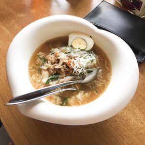 High angle view of soup in bowl