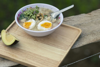 High angle view of food in bowl on table