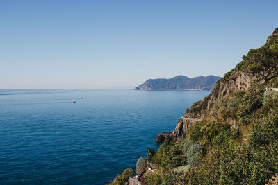 Scenic view of sea against clear blue sky