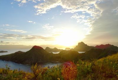 Scenic view of mountains against sky during sunset