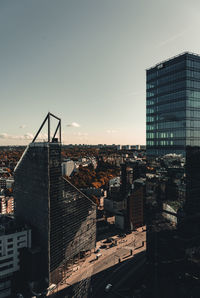 High angle view of buildings against clear sky