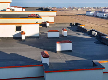 High angle view of multi colored houses in town