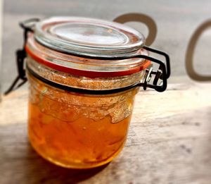 Close-up of drink in jar on table