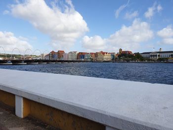 Bridge over river by buildings against sky