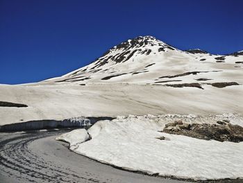 Scenic view of snowcapped mountains against clear blue sky