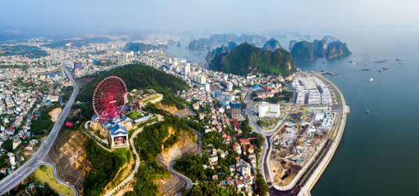 Aerial view of city by bay