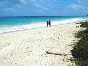 Rear view of people walking on beach against sky