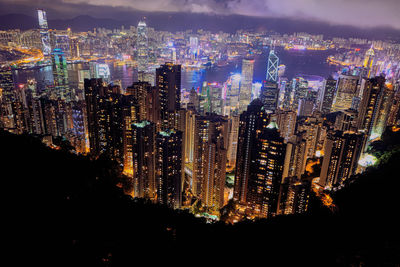 High angle view of illuminated buildings at night