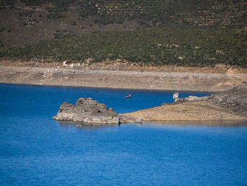 View of birds on land by sea