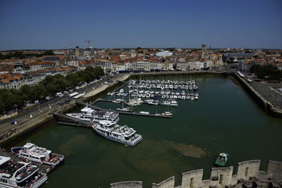 High angle view of river amidst buildings in city