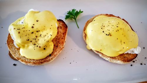 Close-up of eggs benedicts in plate