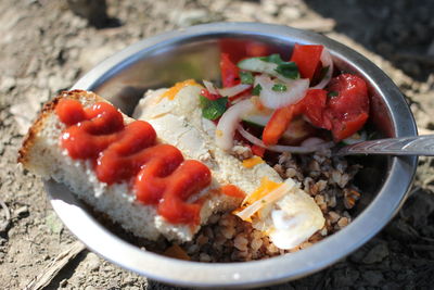 High angle view of breakfast served on table