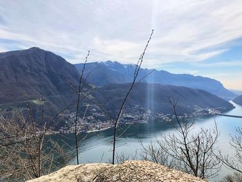 Scenic view of lake by mountains against sky