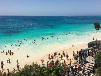 High angle view of people on beach against sky
