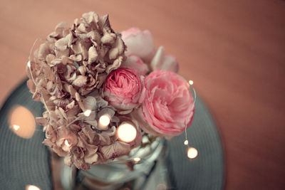 High angle view of rose bouquet on table