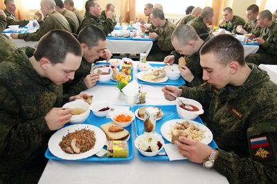 High angle view of people eating food