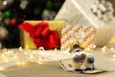 Close-up of christmas decoration on table