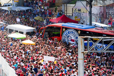 Esporte clube bahia fans receiving the bus with bahia players, at fonte nova arena. salvador, bahia.