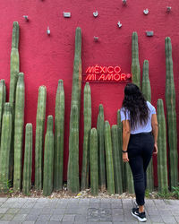 Rear view of woman standing against graffiti wall