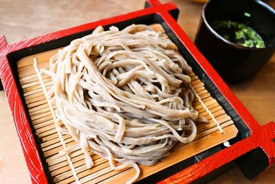 High angle view of soba served on table