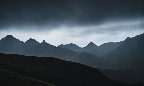 Scenic view of silhouette mountains against sky at dusk