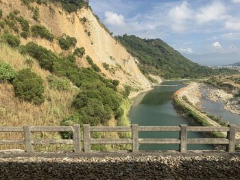 Scenic view of river amidst mountains against sky