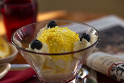 Close-up of ice cream in glass on table