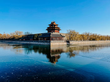 Reflection of building in lake against blue sky