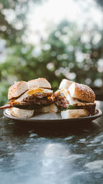 Close-up of burger on table