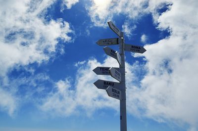 Low angle view of road sign against sky