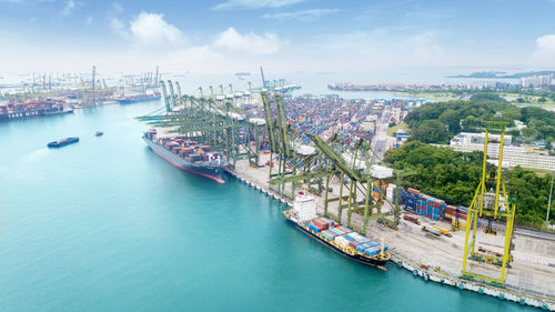 High angle view of harbor by sea against sky