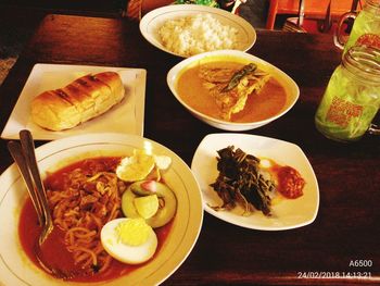 High angle view of meal served on table