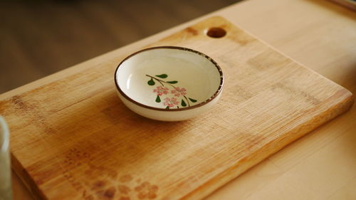 High angle view of small bowl on table