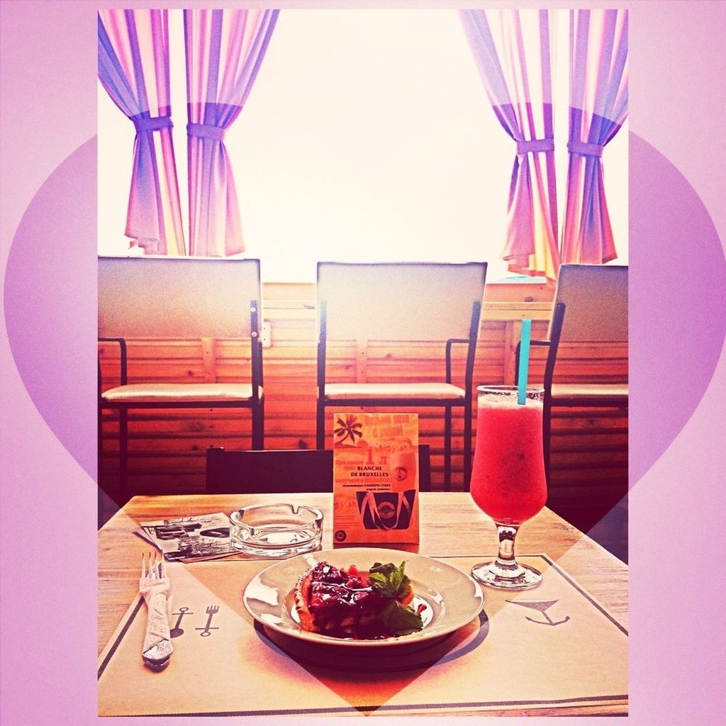 indoors, table, still life, food and drink, drink, glass - material, drinking glass, plate, freshness, absence, home interior, red, chair, no people, glass, high angle view, restaurant, window, refreshment, empty