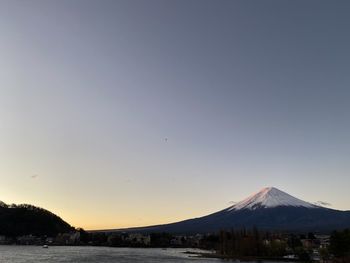 Scenic view of mountains against clear sky during sunset