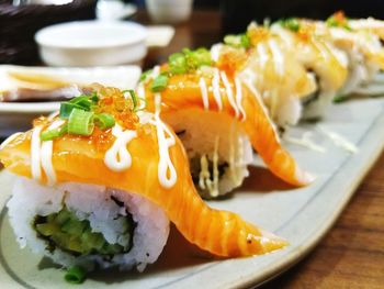 Close-up of sushi served in plate