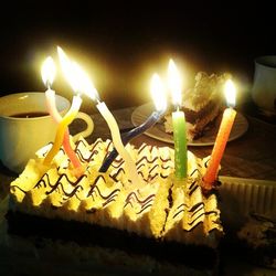 Close-up of lit candle in dark room
