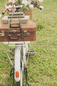 Close-up of wicker basket on field