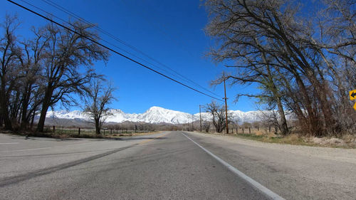 Empty road by trees against blue sky