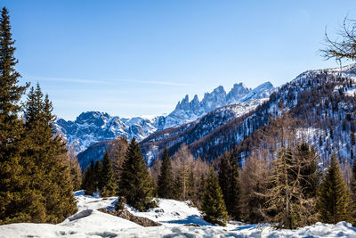 Scenic view of snowcapped mountains against clear sky