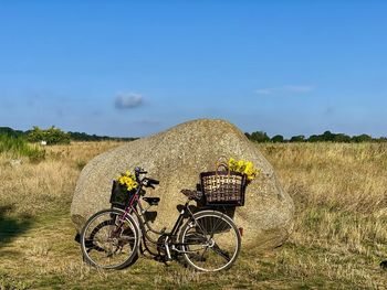 Bicycle parked on field against sky